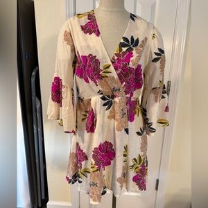 Billabong Divine Floral Mini Wrap Dress L Bell Sleeve Boho Festival